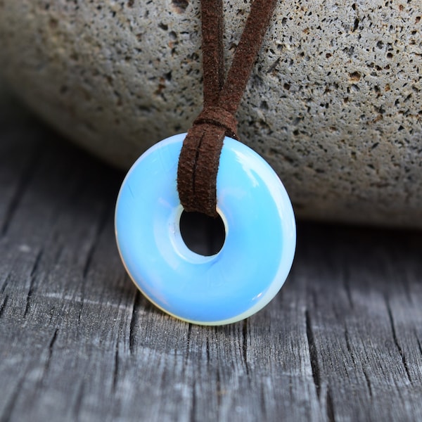 Opalite Circle Necklace, Simulated Moonstone Crystal Necklace, Stone Donut Disc, Mens Unisex Necklace, Rainbow Crystal Disc Faux Leather