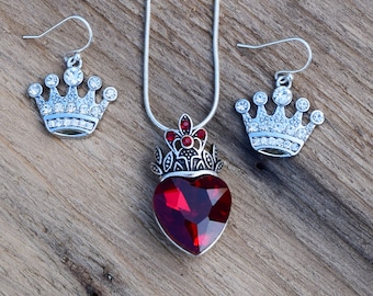 Evie's Necklace and Earrings Set, Descendants Costume Red Heart with Crown Necklace and Crown Earrings, Pre Teen Gift, Rhinestone Heart