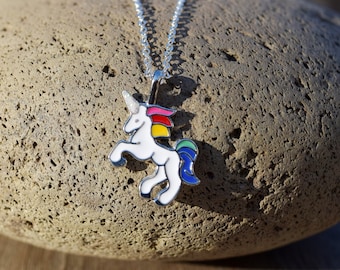 Rainbow Unicorn Necklace, Unicorn Gift for Little Girl, Dainty Unicorn, Chain or Faux Leather, White Unicorn, Adult or Kids Necklace