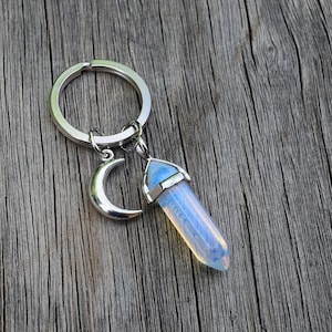 Crystal Moon Keychain, Zodiac Key Ring, Cancer Horoscope Birthday Gift, Boho Key Chain, Rose Quartz, Amethyst, Opalite, Crystal Point Wand