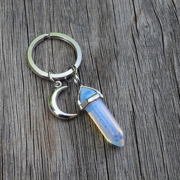 Crystal Moon Keychain, Zodiac Key Ring, Cancer Horoscope Birthday Gift, Boho Key Chain, Rose Quartz, Amethyst, Opalite, Crystal Point Wand