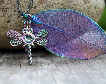 Real Leaf Necklace with Dragonfly, Glowing Dragonfly, Rainbow Titanium Finish, Glow in the Dark, Long or Short, Gift for Dragonfly lover