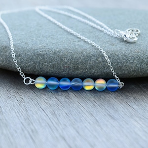 Mermaid Glass Necklaces, Blue Matte Glass Beads, Bar Necklace, Spinner Necklace, Gift for Her, Minimalist Jewelry, Geometric Jewelry