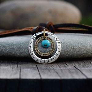 Men&#39;s Hieroglyphics Leather and Stone Necklace, Unisex Jewelry, Nordic Viking Necklace, Ancient Ruins Runes Necklace, Leather Stone Necklace