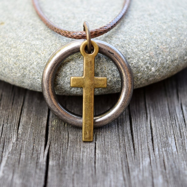 Men's Cross Necklace, Waxed Faux Leather Cross and Circle Necklace, Mixed Metals, Heavy Duty O Ring Cross, Rustic Cross Necklace