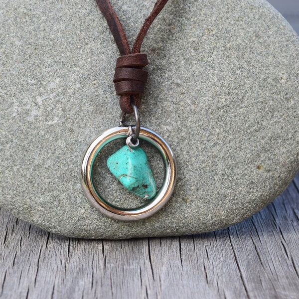 Men's Statement Leather Raw Turquoise Howlite Stone Necklace, Adjustable, Geometric, Silver O Ring, Gift for Him / Husband, Real Stone Raw