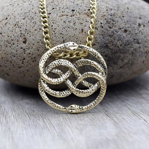 Never Ending Story Antique Gold Necklace, Atreyu Auryn Necklace, NeverEnding Story Snake Pendant, Entwined Serpent Circle, Men's Necklace