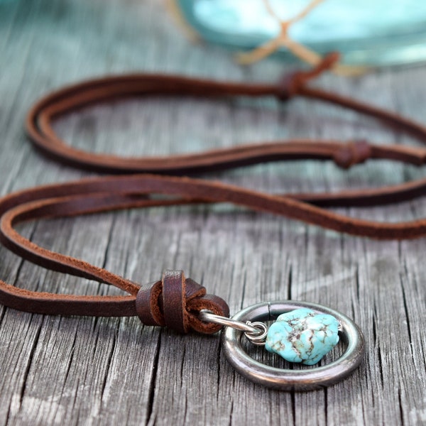 Leather Raw Turquoise Howlite Stone Necklace, Adjustable, Geometric, Silver O Ring, Gift for Him, Real Stone Raw, Men's Leather Necklace