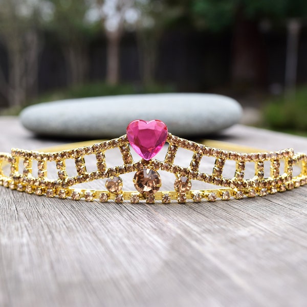 Valentine's Day Tiara Headband, Pink or Red Heart Gold Tiara, Gift for Daughter, Best Friend, Dainty Crown, Engagement Party, Bachelorette