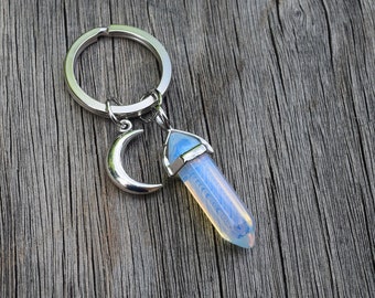 Crystal Moon Keychain, Zodiac Key Ring, Cancer Horoscope Birthday Gift, Boho Key Chain, Rose Quartz, Amethyst, Opalite, Crystal Point Wand