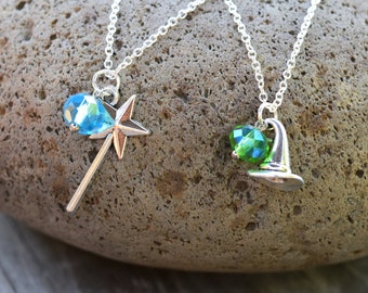 Wicked Musical Best Friends Necklaces, Elphaba or Glinda Necklace, Magic Wand / Witch Hat Necklace, Oz Jewelry, Sold as a Pair or Alone