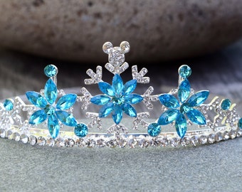 Hidden Mickey Snowflake Tiara, Elsa Costume Crown, Blue Ice Queen Glass Rhinestone Tiara, Winter Wedding, Silver Frozen Winter Crown