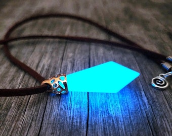 Gold Kida Glow Crystal, Atlantean Glowing Blue Resin Crystal Necklace w Gold Cap on Brown Faux Leather, Atlantis Necklace, Kida Milo Costume