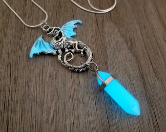 Glow Dragon Necklace, Glowing Crystal, Glow in the Dark Jewelry, Men's or Women's, Sci Fi Jewelry, Unique Geek Gift for Dragon Lover