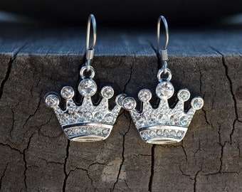 Rhinestone Crown Earrings, Silver Tone Princess Queen Royal Crown Earrings, Evie Costume Earrings, Queen of Hearts, Diva Queen Bee Gift