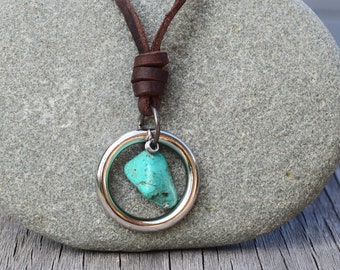 Men's Statement Leather Raw Turquoise Howlite Stone Necklace, Adjustable, Geometric, Silver O Ring, Gift for Him / Husband, Real Stone Raw