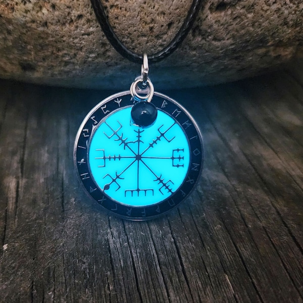 Men's Glow Hieroglyphics Necklace, Glow in the Dark Compass Necklace, Glowing Jewelry, Ancient Ruins Runes Nordic Viking Leather Necklace