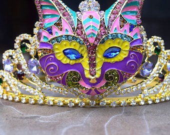 Mardi Gras Crown, Gold Cat Face Tiara, Cat Mask Headpiece, Colorful Cat Head with Green and Purple Accent, Mardi Gras Party Parade Headband