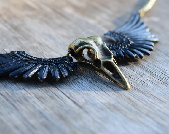 Men's Necklace, Bird Crow Raven Skull with Wings, Bronze and Black, Gift for Him, Minimal Everyday Steampunk, Mens Large Statement Necklace