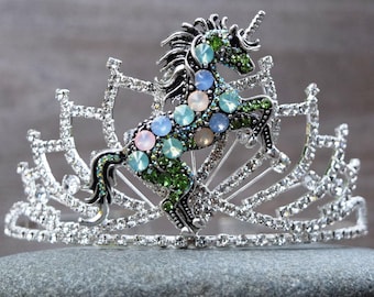 Unicorn Tiara, Pegasus Princess Birthday Crown, Rhinestone Unicorn Headpiece, Silver Tone Metal Tiara, Unicorn Birthday Outfit Accessory