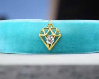 Blue Chloe Choker, Turquoise Blue Velvet Choker with Diamond Bling Charm, Chloe Costume Choker, Charming Gold / Silver Diamond Symbol Choker