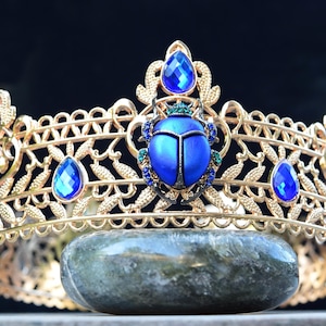Khepri Scarab Crown, Metal Gold & Blue Egyptian Kings Crown, Boys or Womens Scarab Beetle Full Crown, Pharaoh Costume, Cave of Wonders Crown