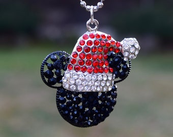 Christmas Necklace, Santa Mickey, Holiday Mouse Head with Santa Hat, Festive Rhinestone Disney Bounding Necklace, Mickey Fan Gift