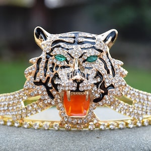 Tiger Tiara, Königin des Dschungels, Krone, Tiger Fan Geschenk, Gold Tiara mit Strass Tiger und grünen Augen, Tiger Mom Krone, Tiger Maskottchen Ausrüstung