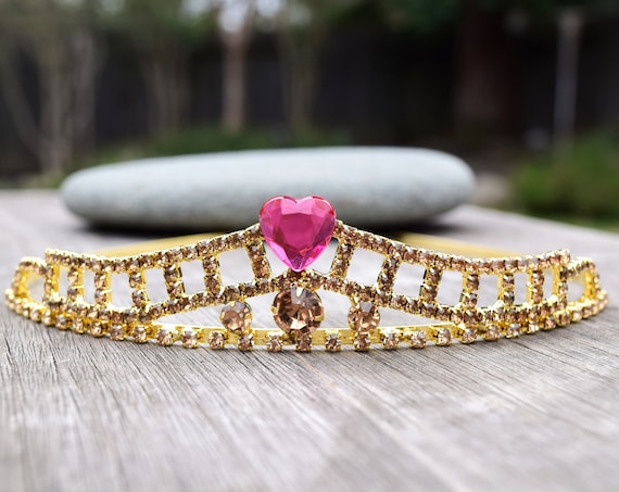 Valentine's Day Tiara Headband, Pink or Red Heart Gold Tiara, Gift for Daughter, Best Friend, Dainty Crown, Engagement Party, Bachelorette