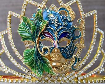 Mardi Gras Masquerade Crown, Gold Blue and Green Masquerade Venetian Mask Tiara, Mardi Gras Party Parade Headpiece, Masquerade Ball Tiara