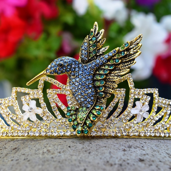 Hummingbird Tiara, Pink or Blue Hummingbird Crown with White Flowers, Flower Girl Tiara for Outdoor Wedding, Hummingbird Fan Gift Gold Crown