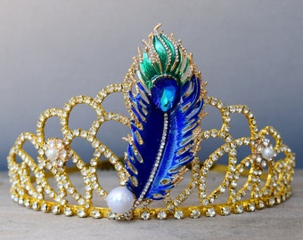 Peacock Feather Tiara, Feather Headband Crown, 1920's Costume Hair Accessory, Rhinestone Flapper Girl Headpiece, Masquerade Ball Tiara