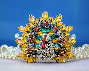 Turkey Tiara, Rhinestone Thanksgiving Crown, Gift for Dinner Host, Gold Fall Harvest Headband, Turkey Trot Tiara, Turkey Run Headband