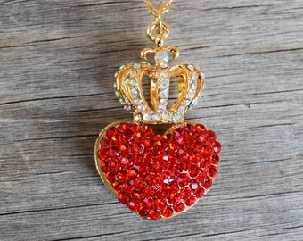 Evie Necklace, Red Heart with Gold Crown Necklace, Queen of Hearts, Pre Teen, Descendants Necklace, Pre Teen Gift, Unique Rhinestone Heart