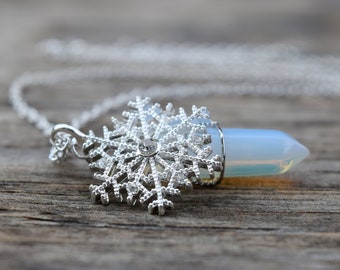 Frozen Snowflake Ice Shard Necklace, Glass Icicle Opalite Crystal, Ice Queen Elsa Costume Cosplay, Unique Christmas Gift for Little Girl