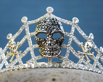 Skull Tiara, Spider Web Crown, Silver Rhinestone Skull and Crossbones Headband, Cob Web Halloween Jewelry, Pirate Queen Crown, Gothic Crown