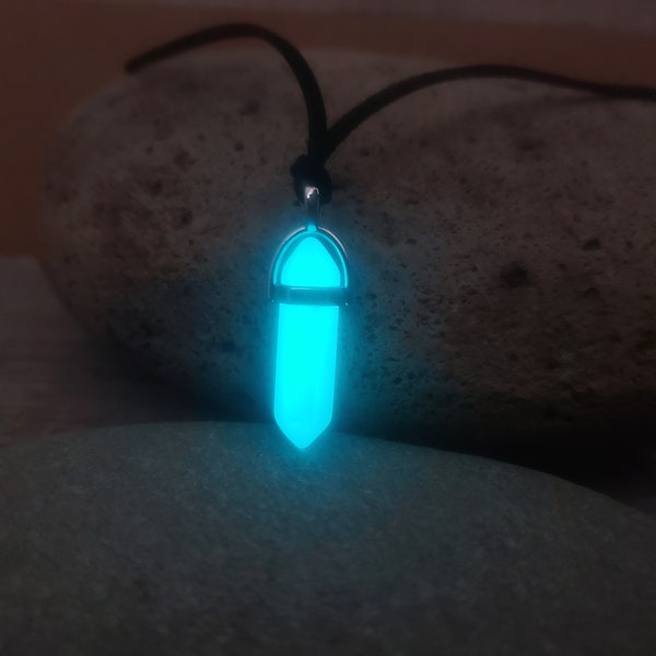 Werewolf "Moonstone" Glow Crystal Necklace, Glow in the Dark Necklace, Aqua Blue Glowing Glass Crystal Point, Gift 2 Zombie Fan Girl or Boy