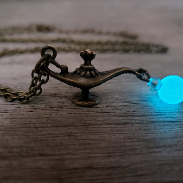 Aladdin's Magic Lamp Necklace, Glow in the Dark Genie Lamp, Unique Glowing Aladdin Gift for Fan, Aladdin Costume, Keychain Key Ring Option