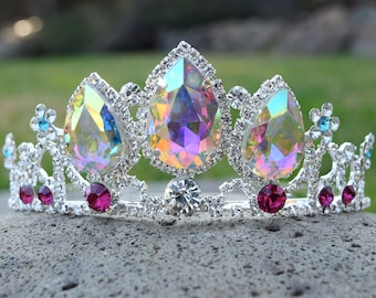 Rapunzel Crown, Silver Princess Costume Tiara, Adult or Little Girl Tangled Fan, Flowers w Tear Drop, Arora Borealis Adult Rapunzel Cosplay