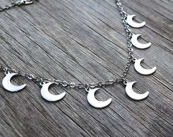 Julie's Moon Necklace, The Phantoms Silver Metal Multiple Moon Choker, Sunset Curve and Mini Moons, Many Crescent Moon Choker Necklace