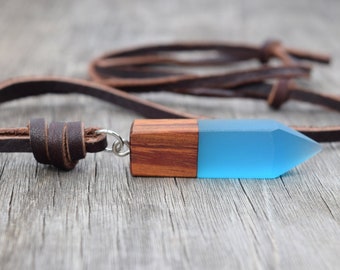 Wood and Resin Necklace, Unisex Men's Brown Leather Necklace, Cosplay Kida Atlantis, Gift for Him, Men's Blue Resin Crystal, Wooden Jewelry