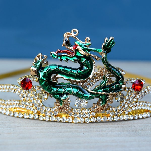Green Dragon Tiara, Lunar New Year Crown, Chinese New Year 2024 Dragon Hair Jewelry, Year of the Dragon Zodiac Sign, Spring Festival Tiara