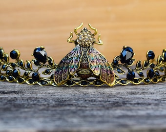 Cicada Crown, Black and Gold Cicada Tiara, Dark Forest Fairy Costume Crown, Gothic Headband, Ren Renaissance Faire Costume Tiara