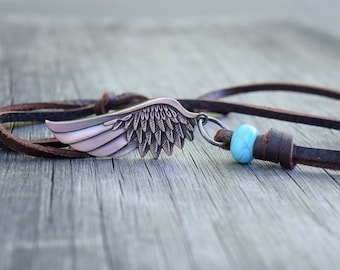 Men's Leather Feather Necklace with Turquoise Howlite Stone, Adjustable, Gift for Him, Husband, Boyfriend, Mixed Metals, Wing w Blue Stone