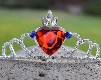 Evie's Formal Tiara, Queen of Hearts Crown, Descendants Fan, Silver Red Heart Blue Rhinestones, End of Movie Costume Cosplay, Adult Child