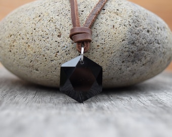 Brown Leather Necklace for Men or Women, Adjustable with Sliding Knots, Black Glass Hexagon Star Pendant, Men's Necklace Unique Gift for Him