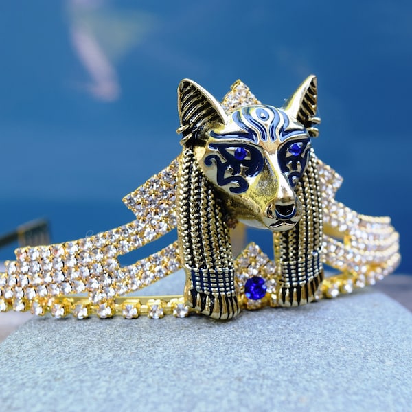 Egyptian Goddess Crown, Anubis Gold Tiara, Canine Wolf Head Ancient God, Bast Egyptian Gold Headpiece, Underworld Guardian Anubis Crown