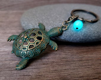 Glow Turtle Keychain, Glowing Tortoise Key Ring, Glow in the Dark Sea Turtle Purse Chain in Verdigris Patina Bronze, Gift for Turtle Lover