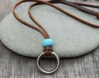 Leather Circle Necklace with Howlite Bead, Turquoise Color Howilite, Adjustable Leather Surfer Circle Necklace, Gunmetal O Ring Pendant