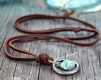 Leather Raw Turquoise Howlite Stone Necklace, Adjustable, Geometric, Silver O Ring, Gift for Him, Real Stone Raw, Men's Leather Necklace